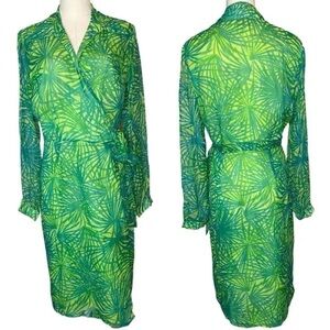 ICE Vintage Silk Wrap Dress, Green Tropical Palm Print SILK